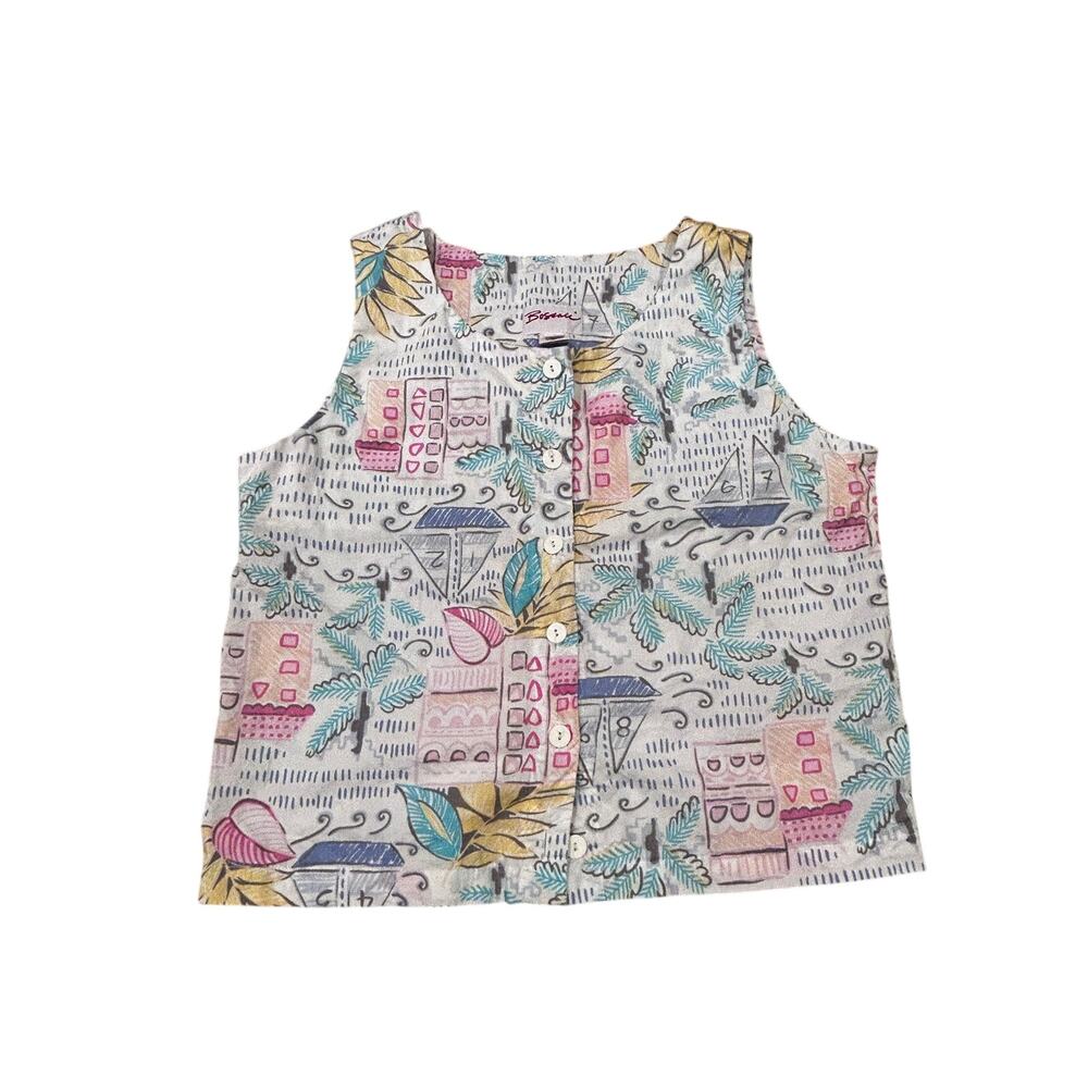 Vintage Coastal Nautical Print Tank Sailboat Cottagecore Cotton USA